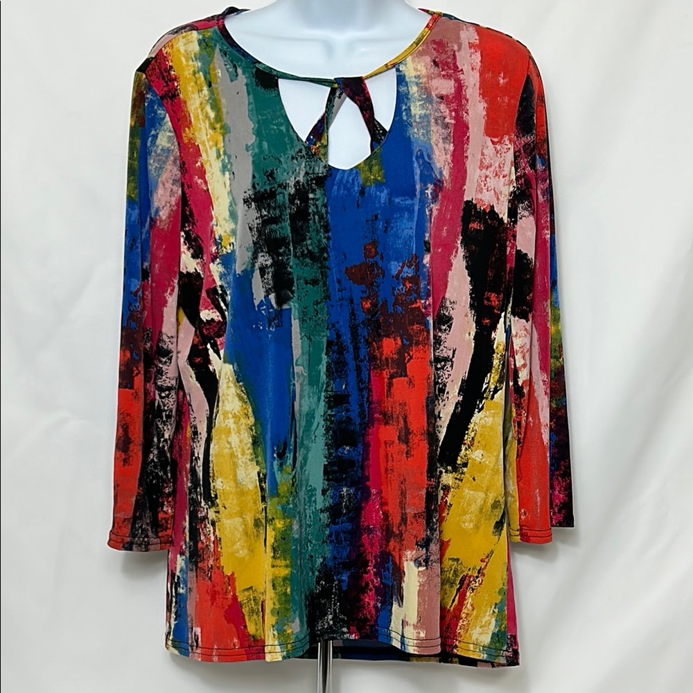 Sunny Leigh Women’s Large Multicolor Abstract Paint Spandex Fabric Blouse
